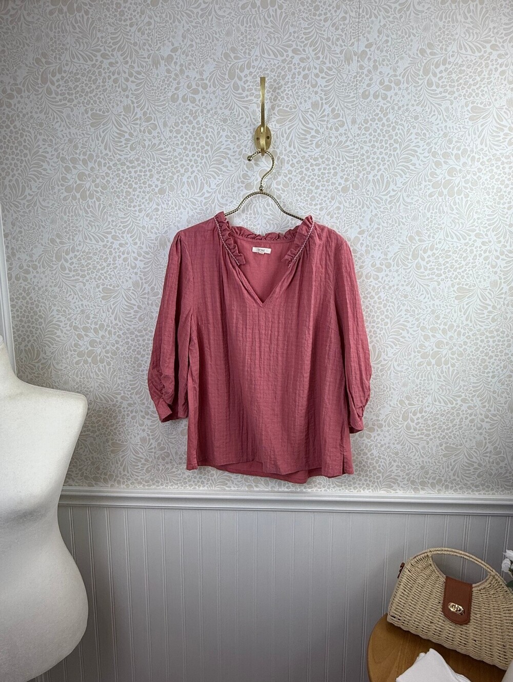 Yerse Pink Crinkled Cotton Gauze Split Neckline 3/4 Sleeve Blouse - Size - Large
